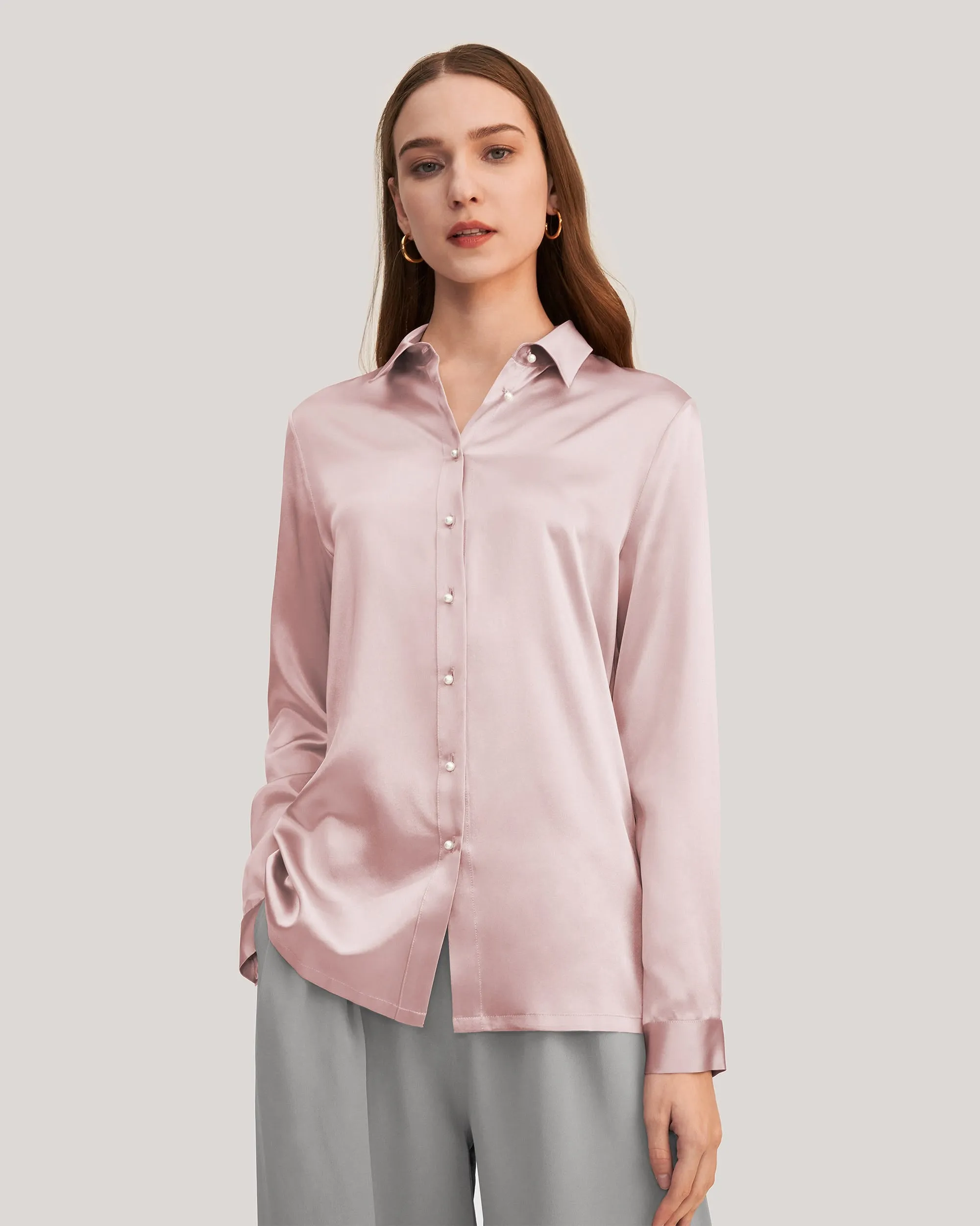 Classic Pearl Button Silk Shirt White